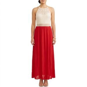 BCX Red Cream Lace Gauze Racerback Maxi Dress Party Formal Wedding Guest size 11